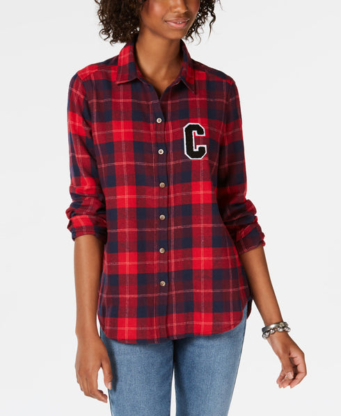 Juniors' Plaid Patch Button-Up Shirt
